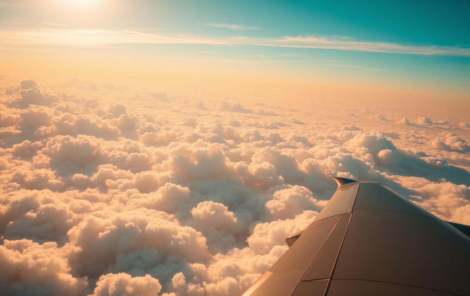 Avião de passageiros voando sobre nuvens ao pôr do sol